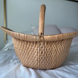 Vintage Chinese Handwoven Willow Basket Bentwood Tote Rustic Japandi Wabi-Sabi